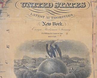 Rare map in good condition on its original rollers from a formative period in the history of the US. The map is linen backed and measures 36" long and 46" tall. I believe this is the 1860 statistical edition which incorporates the 1860 census data in vignettes for the state around the edge. Published by well prominent New York City map makers Edward H. Ensign, Erastus C. Bridgman and Thomas C. Fanning, whose offices were located at 156 William Street. The original patent date was 1845. CONDITION NOTES: The map is on its original rollers and mounted on linen. It is still quite flexible and rolls easily. The surface has a glossy coating which has yellowed with age. There is one tear at the top right corner with no loss of material (see close up photo) where the map has come away from the linen backing. Good color with some foxing from age. We are happy to supply additional information or photographs of this rare map.