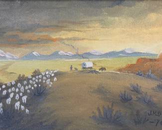1970 JK Davis , Buffalo Wyoming artist  Oil Painting Sheep & Sheepwagon