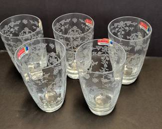  RARE FOSTORIA Navarre highball, continental champagnes & double old fashioned bar glasses. unused and still with original labels