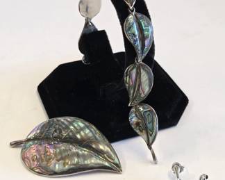 Sterling silver and abalone leaf bracel;et, earrings & brooch set