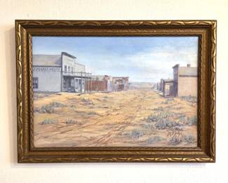 This oil on artist's board oil painting is by Casper, Wyoming artist Marie Dorothy (M.D.) Dolph (1884-1979). This is a rare subject for the artist, depicting Center Street, Casper, Wyoming in 1912. The painting shows Webel & Hall Mercantile and  The Graham House, Casper's first hotel. The painting is 12" x 18" and it is in the original artist's 14 1/2" x 20 1/2" frame.