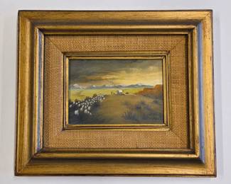 1970 JK Davis , Buffalo Wyoming artist  Oil Painting Sheep & Sheepwagon