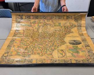 1854 Map United States Ensign Bridgman Fanning. Rare map in good condition on its original rollers from a formative period in the history of the US. The map is linen backed and measures 36" long and 46" tall. I believe this is the 1860 statistical edition which incorporates the 1860 census data in vignettes for the state around the edge. Published by well prominent New York City map makers Edward H. Ensign, Erastus C. Bridgman and Thomas C. Fanning, whose offices were located at 156 William Street. The original patent date was 1845. CONDITION NOTES: The map is on its original rollers and mounted on linen. It is still quite flexible and rolls easily. The surface has a glossy coating which has yellowed with age. There is one tear at the top right corner with no loss of material (see close up photo) where the map has come away from the linen backing. Good color with some foxing from age. We are happy to supply additional information or photographs of this rare map.