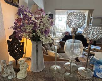 Crystal and Glass Candle Holders with Artificial Flowers