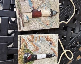 Set of Two Donna Elias Lighthouse Plaques with Maps