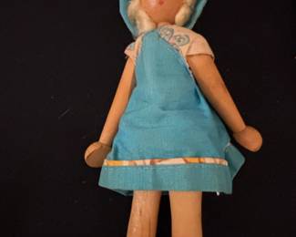 Vintage Wooden Peg Doll with Blue Dress and Bonnet