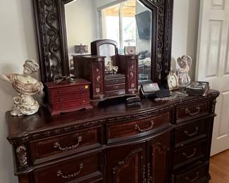 Ornate Dark Wood Dresser with Mirror  Deryn Park Collection