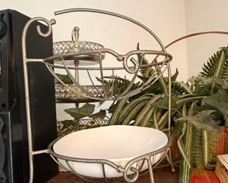 Tiered Metal Fruit Bowl with White Ceramic Inserts and Faux Crystals