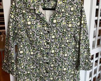 Lafayette 148 green geometric stretch cotton blend dress shirt