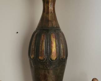 Tall Bronze-Tone Metal Vase with Embossed Floral Motif