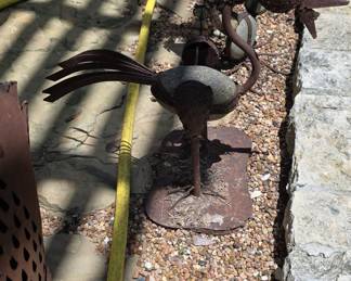 Recycled Metal and Stone Bird Sculpture