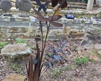 Metal Dragonfly Garden Sculpture with Leafy Stalk