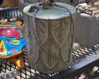 Green Ceramic Jar with Leaf Motif and Rope Hanger