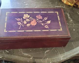 Inlaid Wood Music Box with Floral Motif