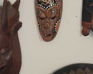 Indonesian Folk Art Hand Carved Wood Mask with Inlaid Shell