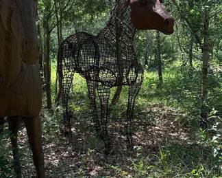 Life-Size Wire Frame Horse Sculpture with Rusted Metal Head