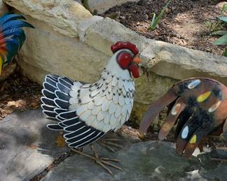Metal Garden Chicken Sculpture with Black Polka Dot Wings