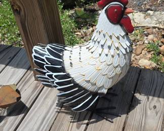 Metal Chicken Garden Sculpture with Black and White Wings