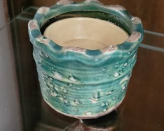 Handmade Ceramic Planter Pot with Teal Drip Glaze