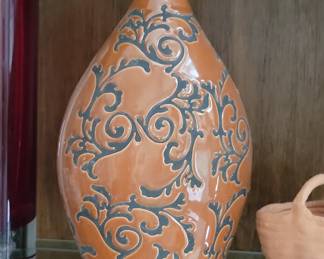 Orange Ceramic Vase with Black Chinoiserie Scrollwork