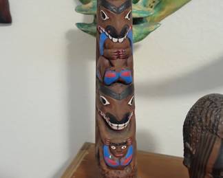 Carved Wooden Totem Pole Figurine - Alaska Craft