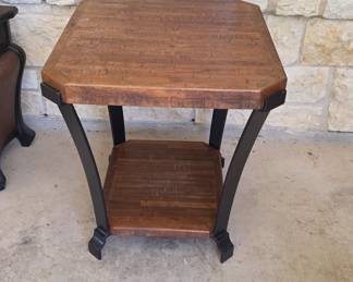 Industrial End Table with Plank Top and Lower Shelf