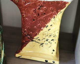 Artisan Ceramic Vase with Abstract Red and Yellow Glaze
