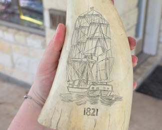 Carved Sperm Whale Tooth with Sailing Ship and Date '1821' - Possible Reproduction