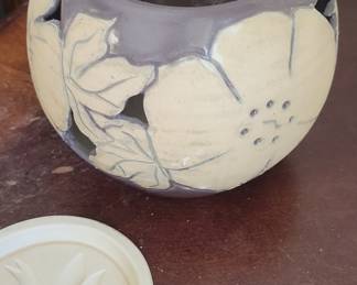 Vintage Ceriart Portugal Handcrafted Hand Painted Ceramic Votive Holder with Floral Cutouts and Dove Mold