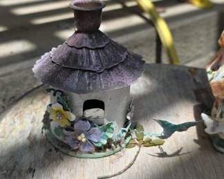 Vintage Metal Fairy House Candle Holder with Hummingbird and Flowers