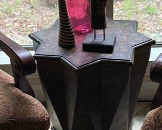 Octagonal Carved Moroccan Side Table with Decorative Inlay