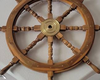 36" Wooden Ship's Wheel with Brass Hub and Chain Accent