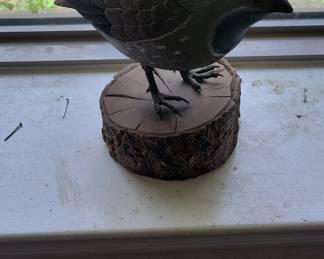 Carved Wooden Bird Figurine on Log Base