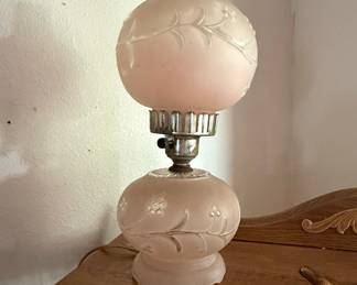 Vintage "Gone With The Wind" Style Pink Frosted Glass Table Lamp with Floral Etching