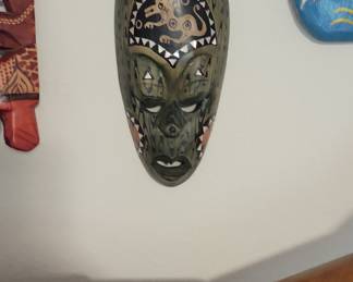Hand-Carved Wooden Mask with Jaguar Motif and Mother-of-Pearl Inlay