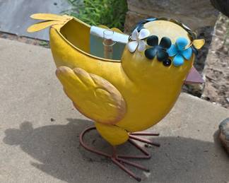 Yellow Chick Metal Planter with Rain Gauge