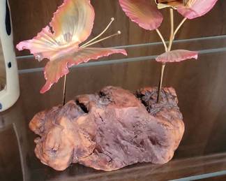 Brutalist Copper Butterfly and Rose Sculpture on Driftwood Base