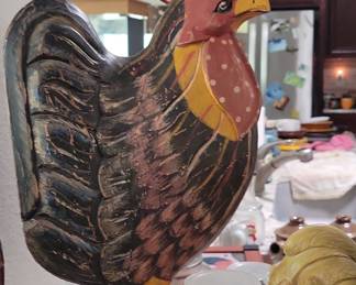 Hand-Carved Wooden Rooster Figurine with Polka Dots