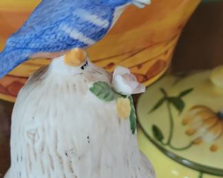 Ceramic Blue Bird with Rose Bell Figurine