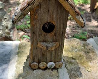 Handmade Wooden Birdhouse with Bottle Cap Accents and License Plate Roof