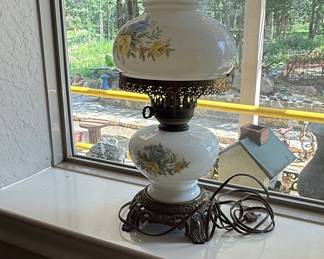 Vintage Gone With The Wind Style Floral Milk Glass Hurricane Lamp