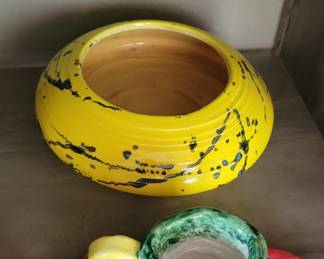 Yellow Ceramic Bowl with Black Splatter and Green/Yellow Striped Mug