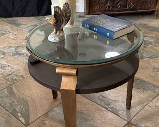 Frazwa Round End Table with Dark Wood Base and Gold Frame