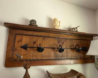 Rustic Wooden Coat Rack with Arrow and Dragonfly Embellishments