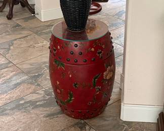 Chinese Red Lacquer Drum Stool with Floral Motif