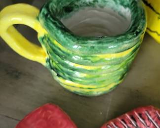 Handmade Ceramic Mug with Green and Yellow Stripes and Yellow Handle