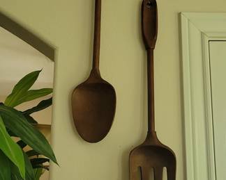Large Hand-Carved Wooden Spoon and Fork Wall Decor Set