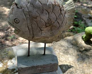 Hand Carved Wooden Fish Sculpture on Stand