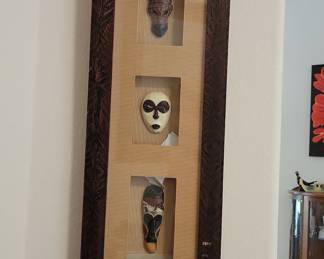 African Tribal Mask Triptych Wall Art with Zebra/Animal Head