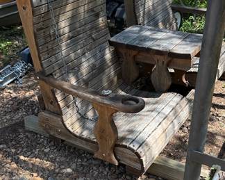 Handmade Rustic Wooden Glider Bench with Side Table